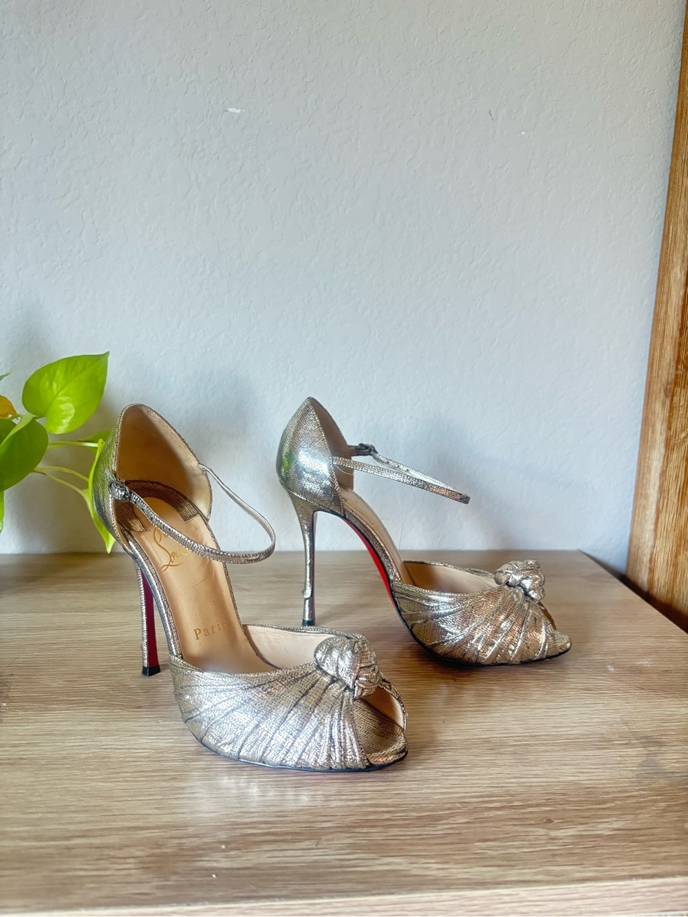 Christian Louboutin Metallic Silver Peep-Toe Knotted Ankle-Strap Heels